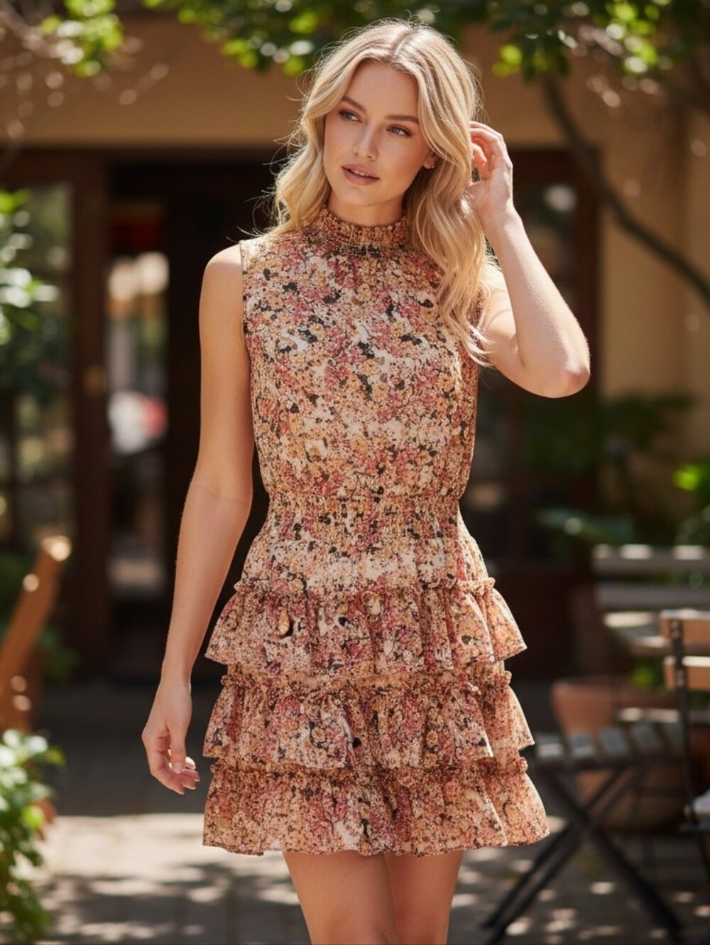1. State Women's XS Pink Floral Flower Smocked Neck Tiered Ruffle Mini Dress